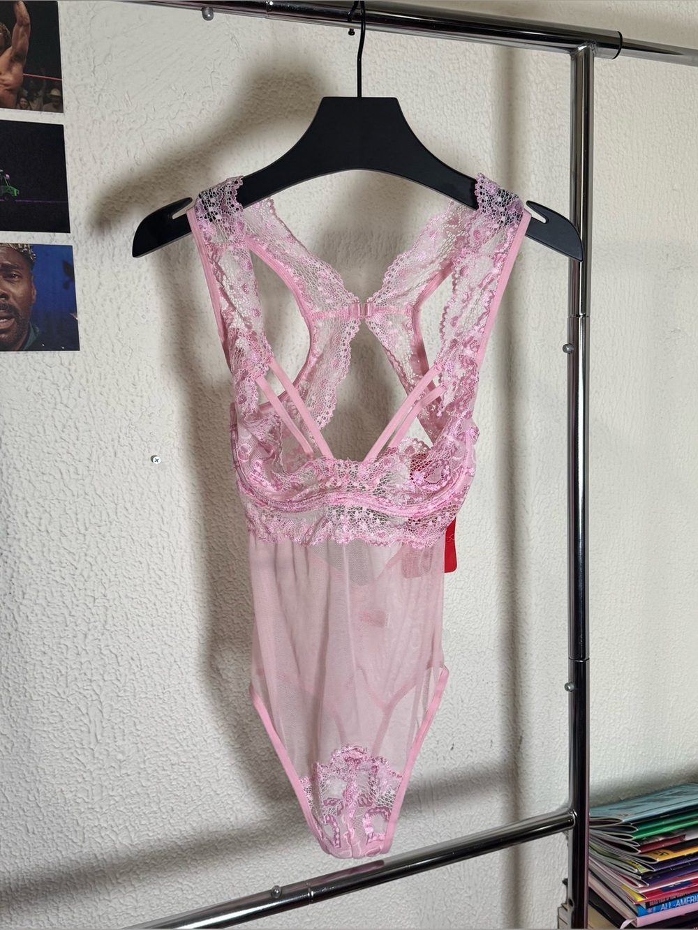 Shirley of Hollywood Teddy Heart Stretch Lace Teddy Bodysuit Pink
